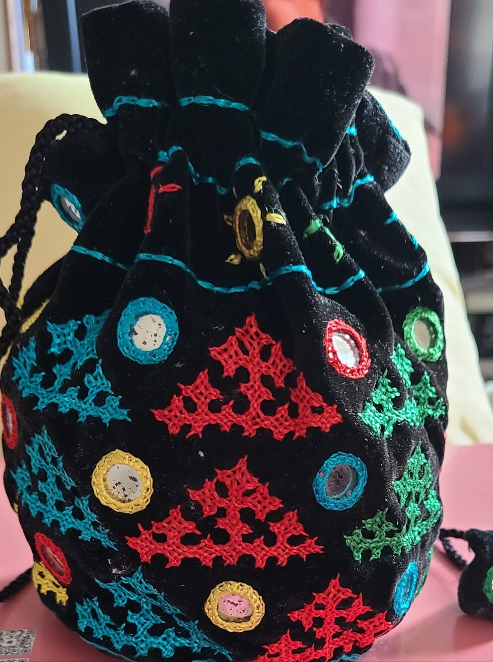 Black Embroidered Velvet Drawstring Pouch